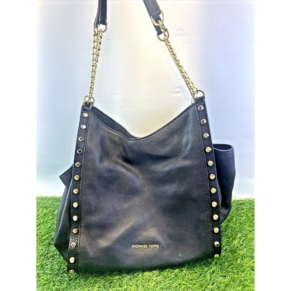 MICHAEL KORS Newbury Black STUDDED Gold Chain BLACK Leather HOBO Bag Tote Purse